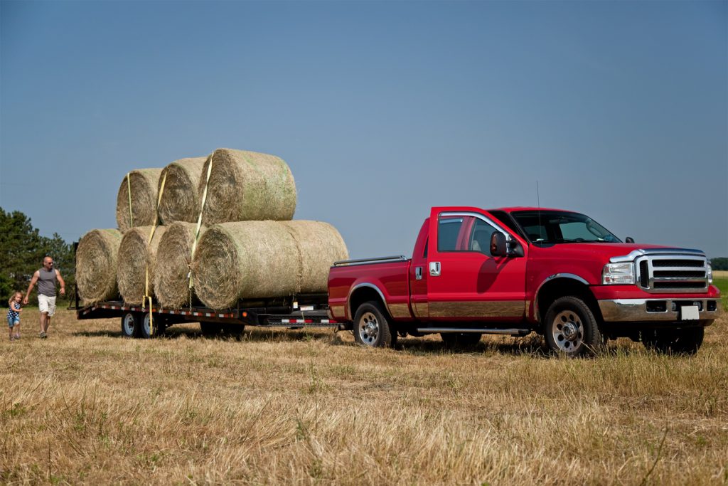 Hay bales stacked on a trailer, tied down, and are ready to be hauled away. Father and daughter can be seen walking around from behind the trailer, but focus is not on them.